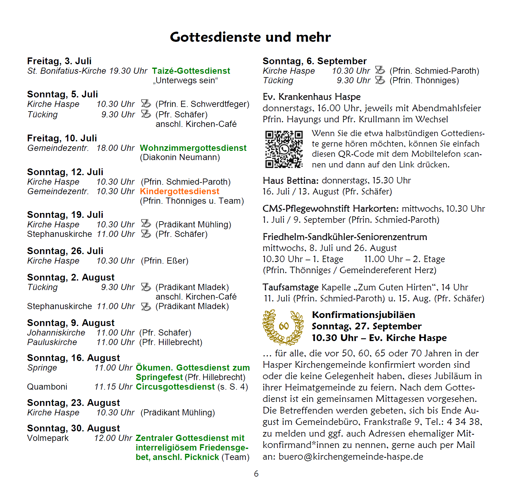 Zeitplan für Gottesdienste und Veranstaltungen.
