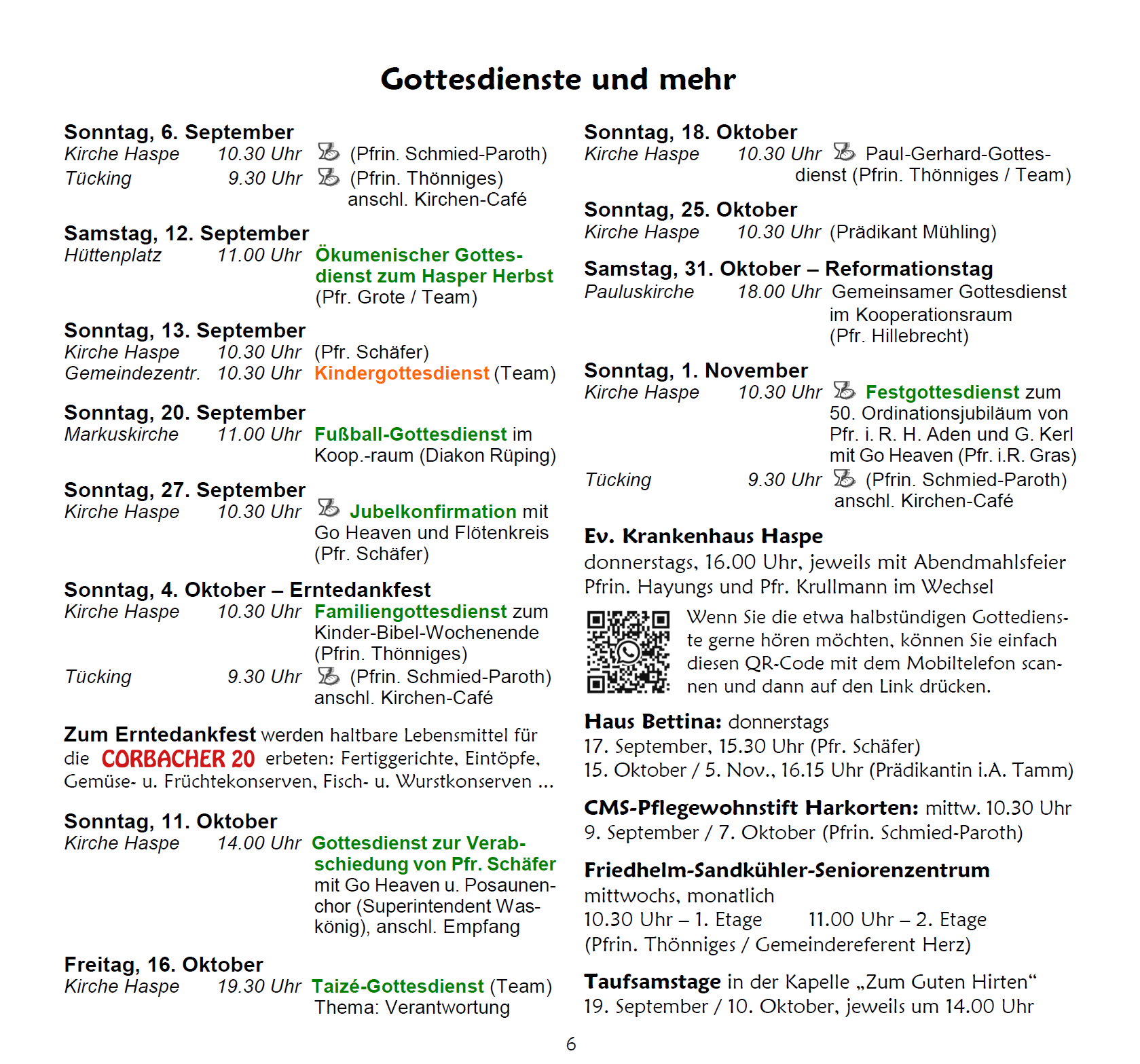 Zeitplan für Gottesdienste und Veranstaltungen.