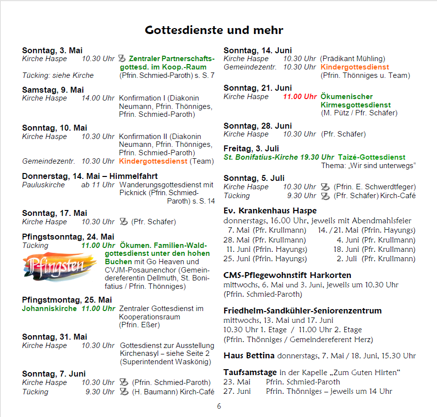 Zeitplan für Gottesdienste und Veranstaltungen.