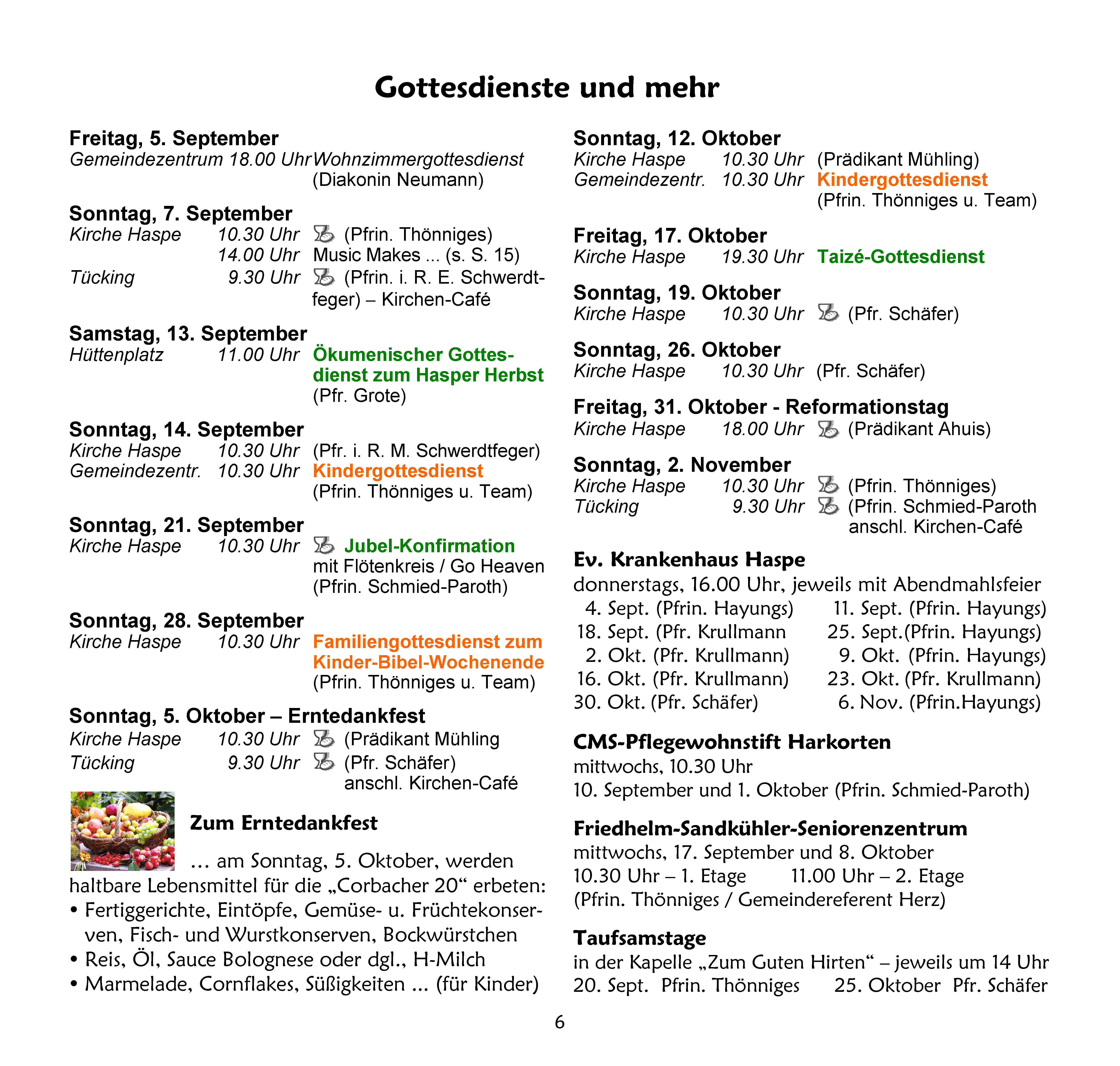 Zeitplan für Gottesdienste und Veranstaltungen.